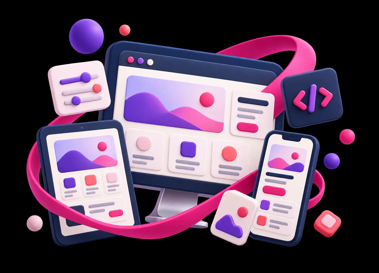 Écosystème de produits digitaux en trois dimensions, composé d'un écran, d'une tablette, d'un mobile et d'un ruban rose